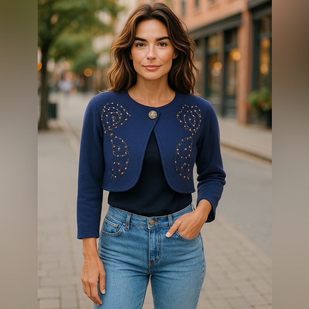 Vintage Expo Petite Navy Blue Embroidered Crop Jacket Size 12